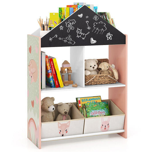 Playhouse Kids Bookshelf with Chalkboard and Whiteboard for 3-6 Years-Gray